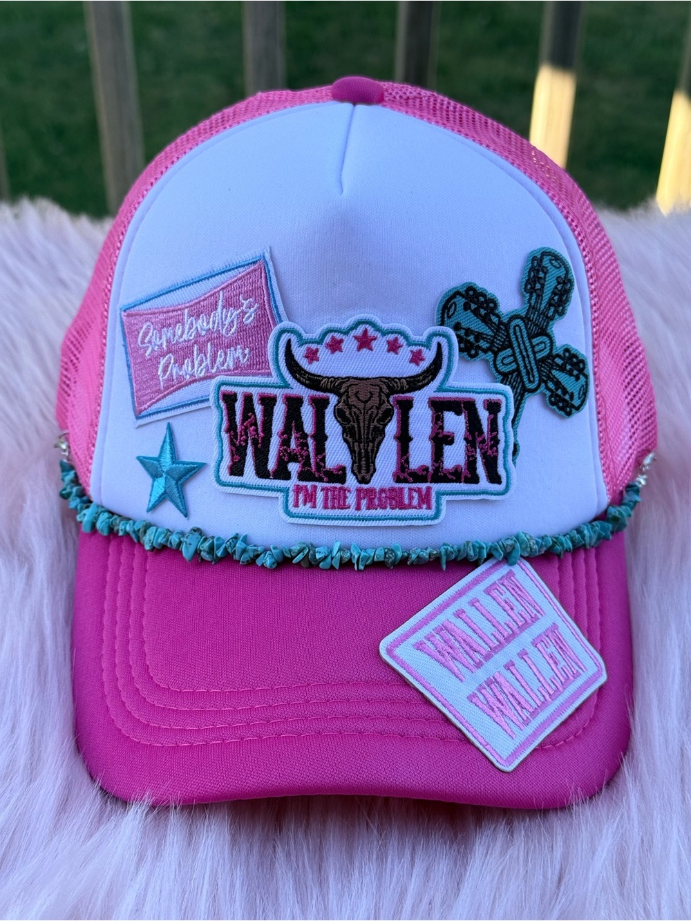 Pink & White Embroidered Patch Trucker Hat - Wallen - Somebody’s Problem